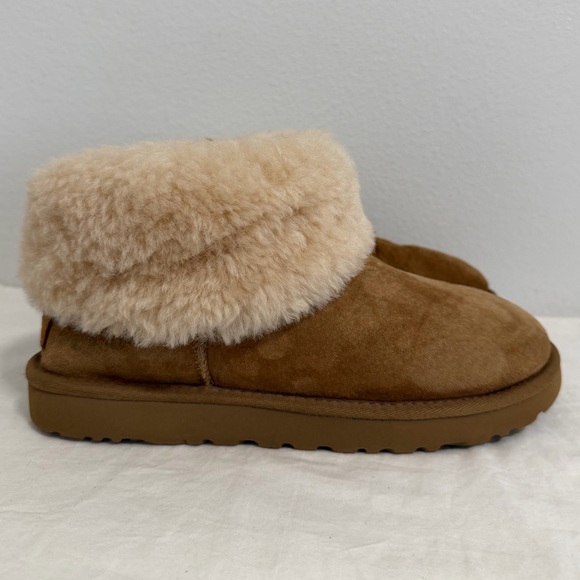 Ugg Classic Mini fluff shearling ankle boots tan suede Leather size 8 - Picture 10 of 13